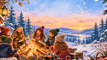 Kinder grillen Marshmallows am Lagerfeuer, verschneiter Wald.