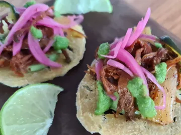 Tacos lie on a plate, garnished with various toppings.