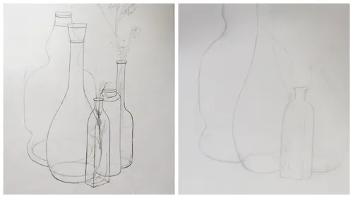 Sketch of bottles and vases with flowers.