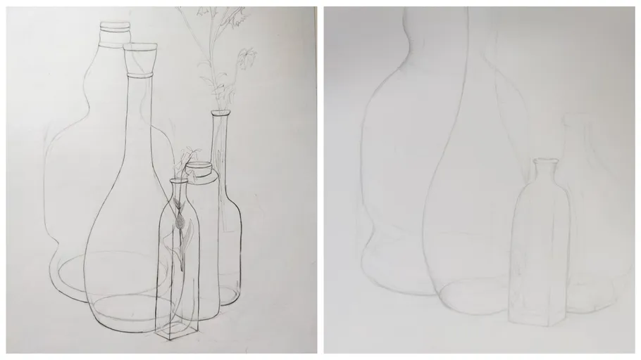 Skizze von Flaschen und Vasen mit Blumen.