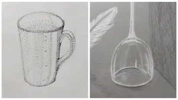 Zwei Kunstskizzen: Tasse und Glas.