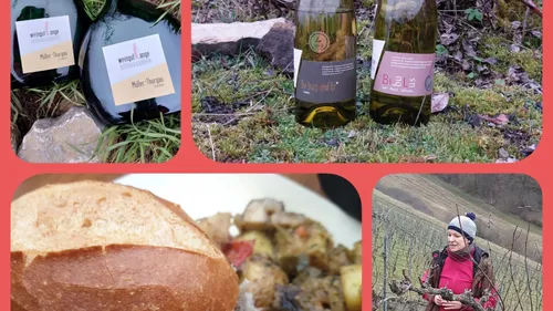 Weinflaschen auf Gras, Brot und Frau im Weinberg.