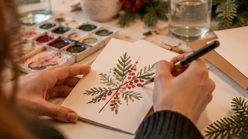 Person painting card with watercolor berries.