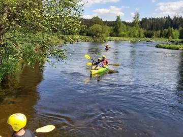 Kajakfahrer paddeln auf einem ruhigen Fluss in der Natur.