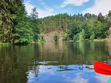 Rotes Kanu schwimmt auf ruhigem Wasser, umgeben von Bäumen.
