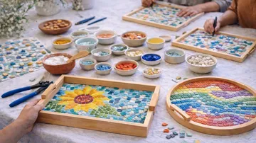 Mosaic art creation with tools on table