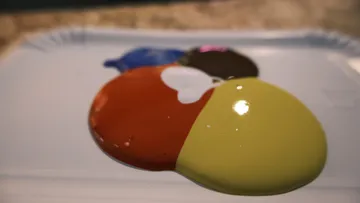 Colorful paint blobs on paper plate.