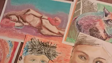 Colorful drawings of people and animals overlap.