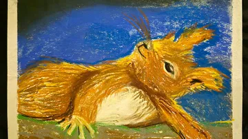 Squirrel relaxing drawn in pastels, blue background.