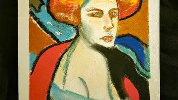 Portrait of a woman in vibrant colors, abstract background.