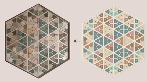 Hexagonale Musterdesigns, eins aus Holz, eins illustriert.