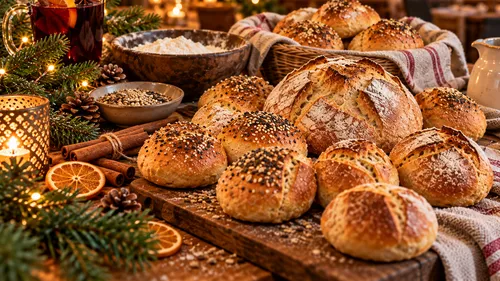 Bread loaves on a rustic wooden table.
