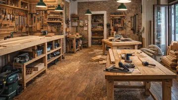 Woodworking shop with tools and workbenches.