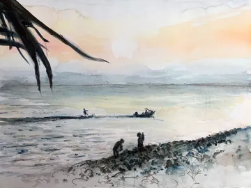 Small boat sails in water while people stand on the shore.