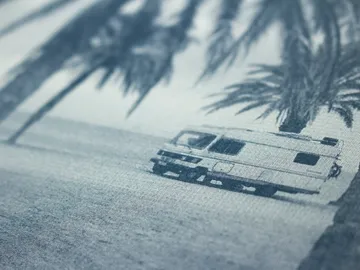 Wohnmobil steht am Strand, umgeben von Palmen.