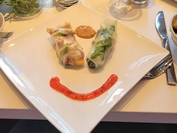 Two spring rolls on a plate with sauce.