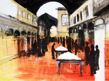 Market hall with people standing around tables with goods.
