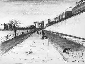 Charcoal drawing of city street with people walking.