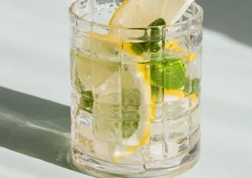 A glass with lemon and mint leaves stands on a surface.
