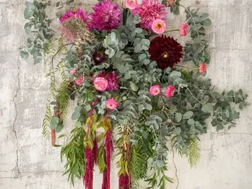 Bunte Blumen hängen dekorativ an einer grauen Wand.