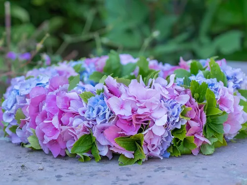 Blumiger Kranz liegt auf einer Oberfläche in der Natur.