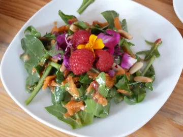Ein Salat mit Beeren und essbaren Blumen auf einem Teller.