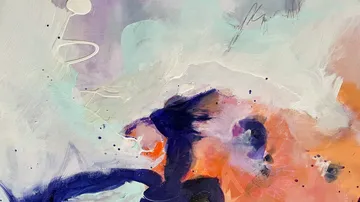 Abstract art with purple, orange, and white swirls.