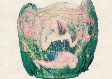 Wrinkled image of a woman sitting in flower field.
