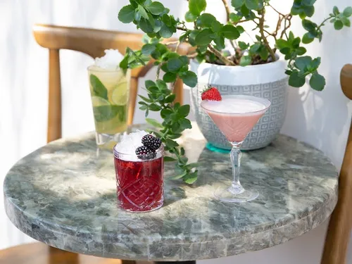Three cocktails sit on a marbled table surrounded by plants.