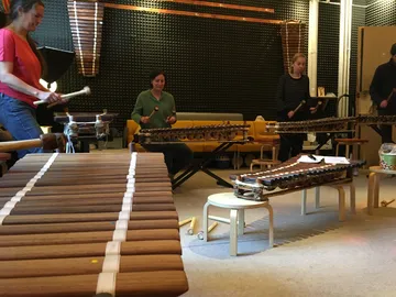 Musiker spielen gemeinsam auf einem Xylophon im Raum.