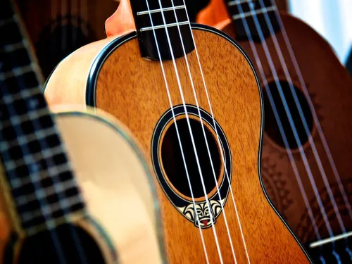 Ukulele steht im Vordergrund, umgeben von anderen Instrumenten.