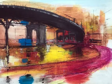 Bridge reflected in water surrounded by colored lights.
