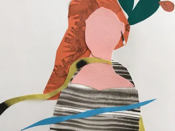 Paper collage of a figurative illustration with colorful elements.