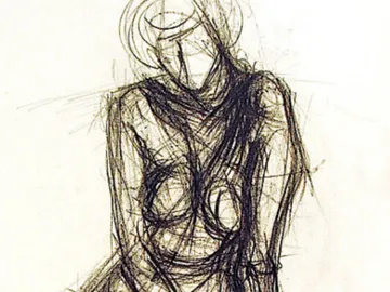 Skizze einer sitzenden Figur in konturierter Linienführung.