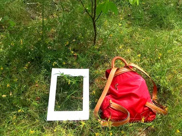 Red backpack is lying in the grass next to a white picture frame.