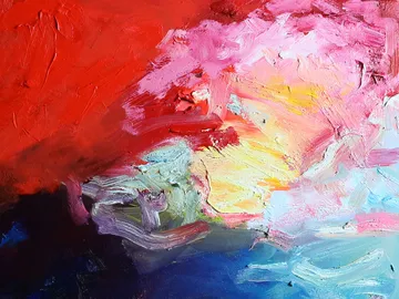 Colourful painting depicts a sunset on the horizon.