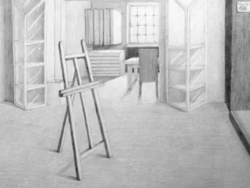 Canvas stands in a room with shelves and a table.