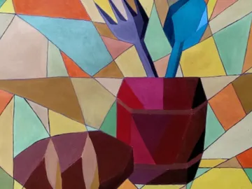 Bunte Behälter mit Besteck vor geometrischem Hintergrund.