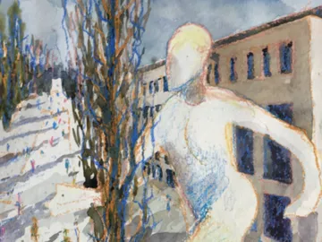 Sculpture runs through a snowy landscape with buildings.