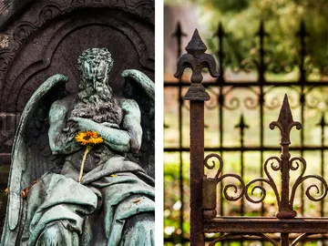 Angel statue holding a sunflower surrounded by an old fence.