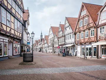 Straße mit Fachwerkhäusern, Passanten und Straßenlaternen bei Tageslicht.
