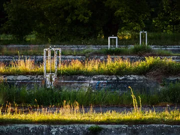 Abandoned sites with tall grass and white structures.