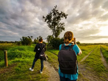 People photographing a scenic sunset in a field.