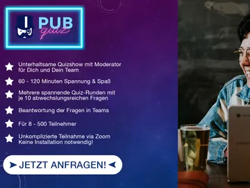 Quiz show text on a screen, participant enjoying a drink.