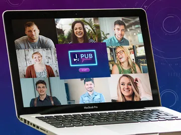 Laptop shows online quizzes with laughing participants.