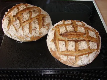 Two loaves of bread lie on a black baking surface.
