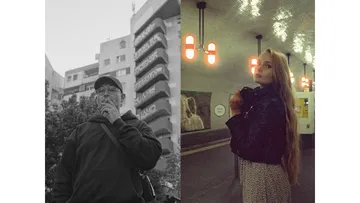 Two people pose in urban environments, one smokes.