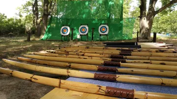 Arrows are on the table, targets are in the background.