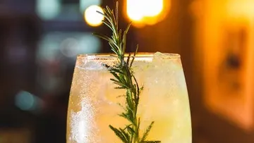 A drink with rosemary stands in front of us, blurred background.