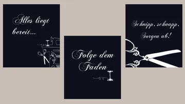 Drei Illustrationen mit Nähmotiven und motivierenden Texten.